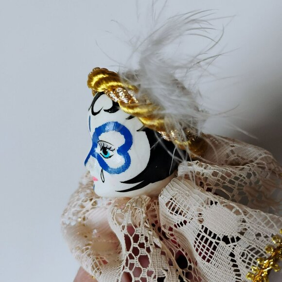 Vintage Porcelain Pierrot Head Ornament, Harlequin Clown Doll Pin Cushion, Lace - Picture 6 of 12